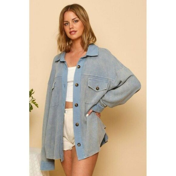 Peach Love California Tops - Peach Love CA Blue Fog Button Up Shirt Jacket Shacket Vintage Wash IKJ34335-01